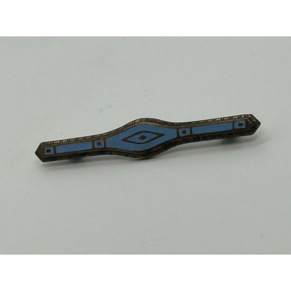 Antique Art Deco Blue Enamel Bar Pin Brooch C Clasp Diamond Shape Center - Picture 9 of 9